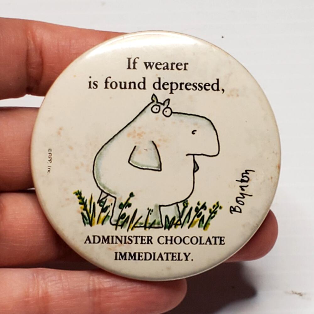 Vtg Sandra Boynton Hippo Administer Chocolate Immediately Pinback Button 2"
